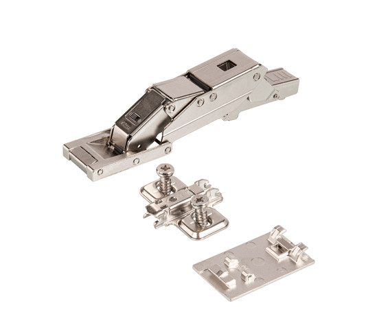 Cristallo 110° Hinge Set Including bonding plate and cross mounting plate Damping mechanism can be deactivated